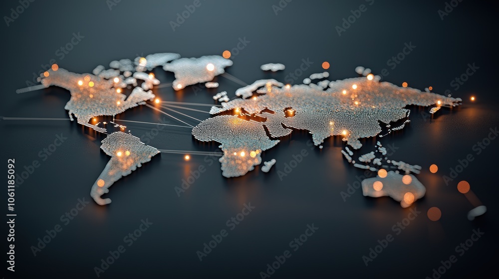 Poster a dark background with a brightly lit network of nodes and lines forming the shape of a world map, s
