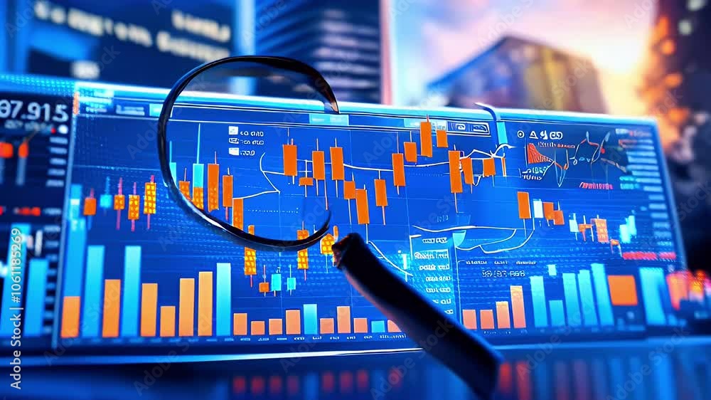 Poster a magnifying glass rests over a monitor displaying financial charts and graphs. the charts show fluc