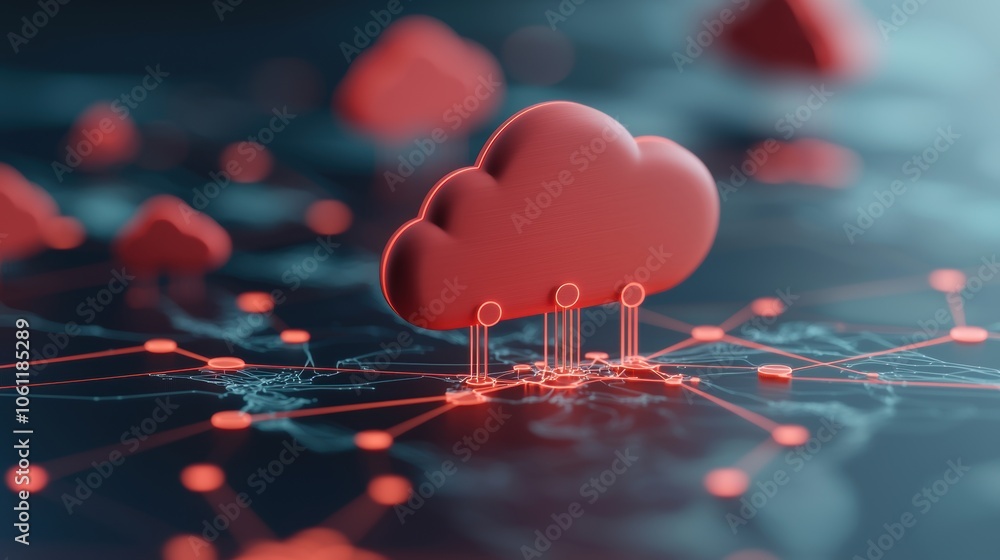 Poster abstract representation of data clouds with glowing connections, forming the shape of continents and