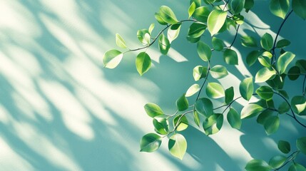 A close-up of green leaves casting shadows on a light background.