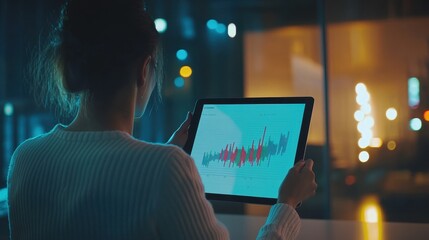 Analyzing Financial Data on a Digital Tablet in a Dimly Lit Room