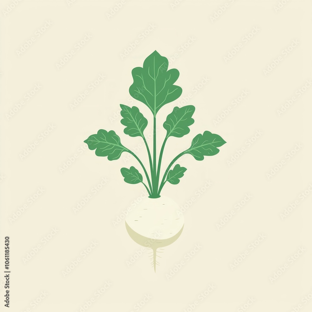 Poster artwork features smooth kohlrabi delicate light green leaves it set minimal white background highlig