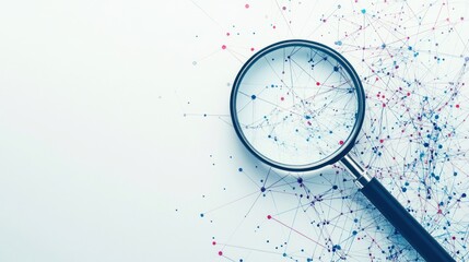 A magnifying glass over a network of colorful dots and lines, symbolizing exploration and analysis.