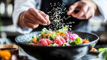 A chef garnishing a vibrant salad in a stylish bowl, showcasing culinary skills.