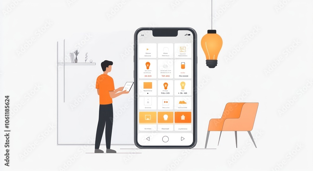 Poster a person interacting with a smartphone displaying various app icons in a modern setting.