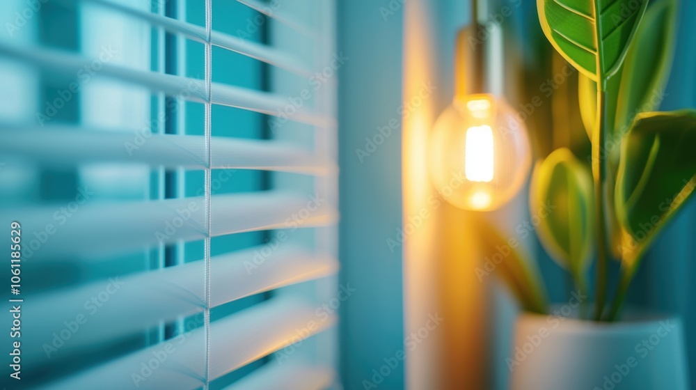 Poster a view through a window into a smart home at night, with automated blinds closing and soft lighting 