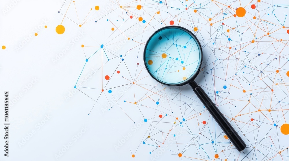 Poster a magnifying glass over a network of colorful dots and lines, symbolizing analysis and discovery.
