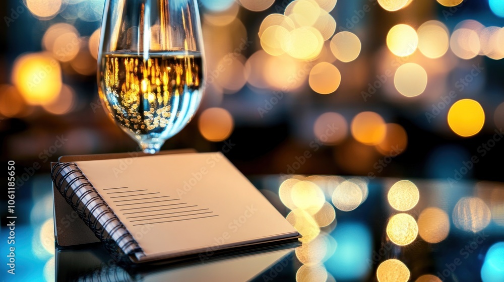 Poster a glass of sparkling drink beside an open notebook on a reflective surface with blurred lights.