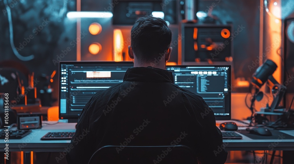 Poster hacker at work in dark tech studio with glowing screens