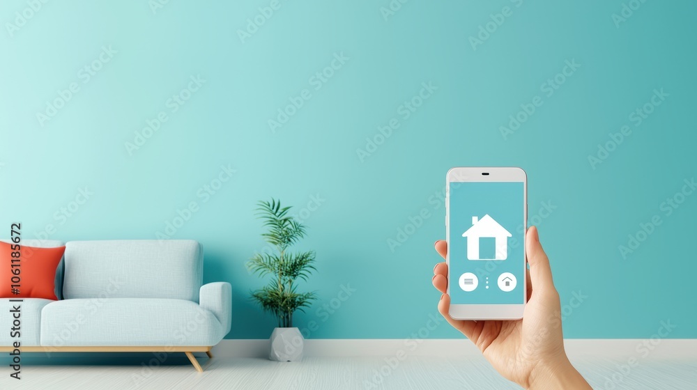 Poster a split screen image showcasing a person controlling various smart home features remotely through a 