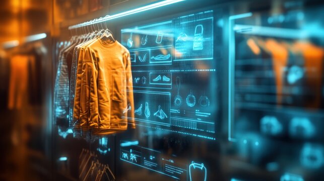 A futuristic retail display showcasing clothing with digital overlays and information.