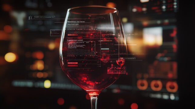A glass of red wine with digital data overlay, blending technology and leisure.