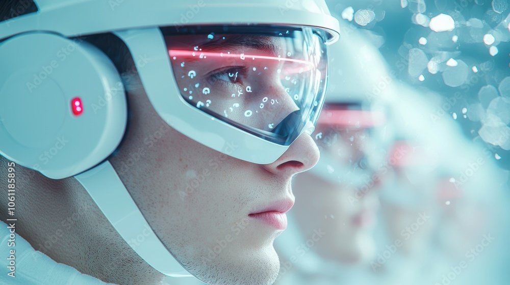 Poster workers in a smart factory wearing augmented reality (ar) headsets, receiving real time data and ins