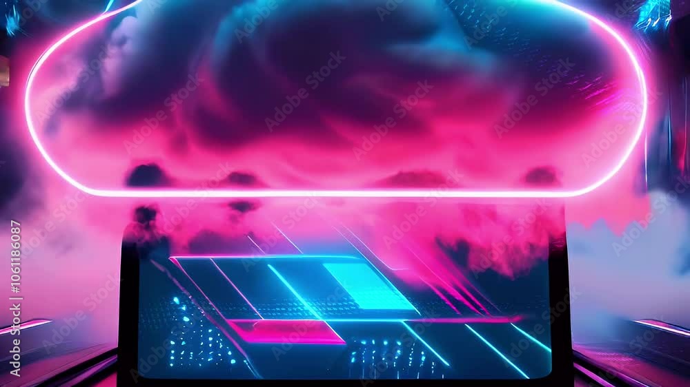 Poster cloud computing concept with a glowing neon cloud over a laptop in a futuristic setting.