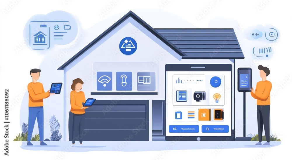 Aufkleber illustration of a smart home with people using devices for automation and control.