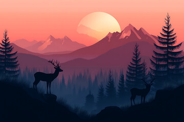 Fototapeta premium atmospheric landscape with silhouettes of mountains, hills, forest and two deers