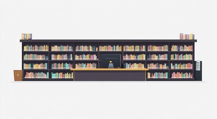 A minimalist library scene featuring shelves filled with books and a central workspace.