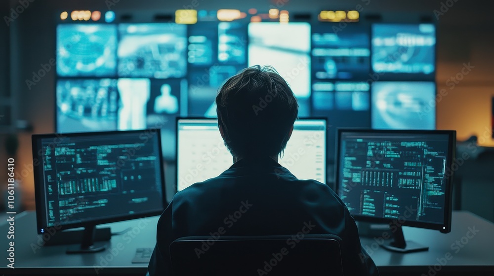 Poster cybersecurity analyst monitoring network security systems