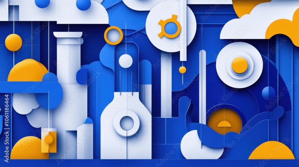 Poster abstract geometric composition in blue and yellow with various shapes and patterns.