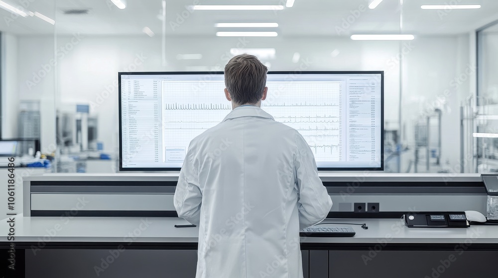 Poster researcher analyzing data on large screen in laboratory