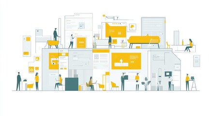 A modern office illustration showcasing collaborative workspaces and digital interactions.