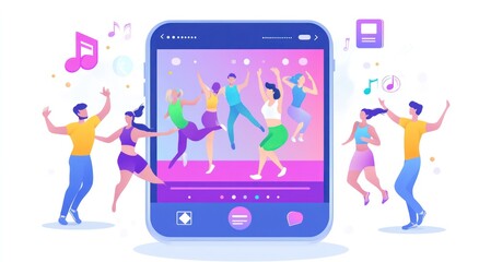 A vibrant illustration of people dancing and enjoying music, centered around a smartphone interface.