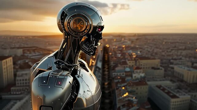 A futuristic robot overlooking a cityscape at sunset, blending technology and nature.