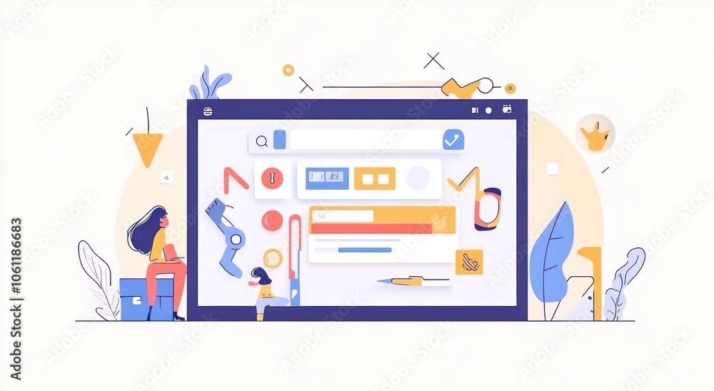 Poster a digital illustration depicting a user interface with various tools and a person interacting.