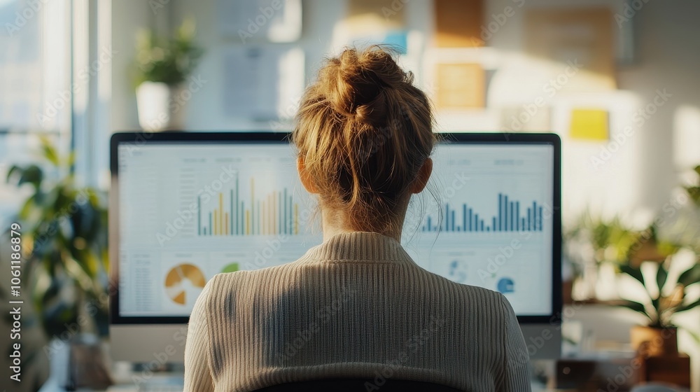 Poster analyzing data and charts in the office