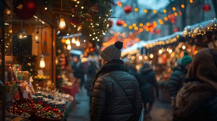  A bustling Christmas market in the evening, with warm lights, festive decorations, and people browsing various stalls in a cozy holiday atmosphere. 