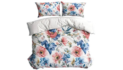 Mockup Template of Floral Print Bedding Set with Blankets, Pillows, Comforters for King, Queen, and Single Beds. Top-View Display on Transparent Background for Easy Artwork Integration