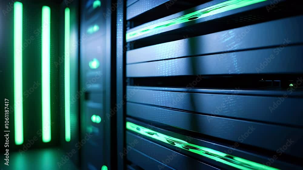 Poster a close-up of a padlock on a server rack with green lights.