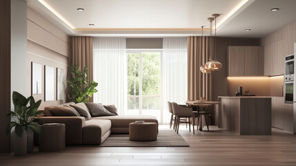Fototapeta premium A spacious living room with a large sectional sofa, a coffee table, and a view of a kitchen and dining area. The room features a light wood floor and large windows with white curtains