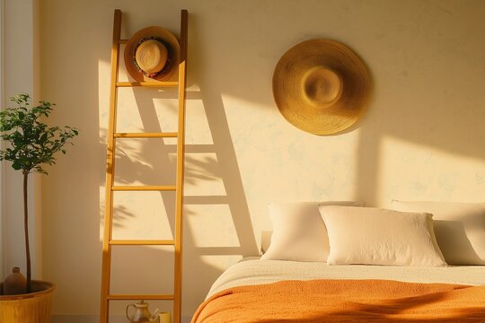 A serene bedroom scene with soft orange and beige tones, featuring a bed with pillows, a wooden ladder with hats, sunlit walls, and a potted plant enhancing the ambiance.