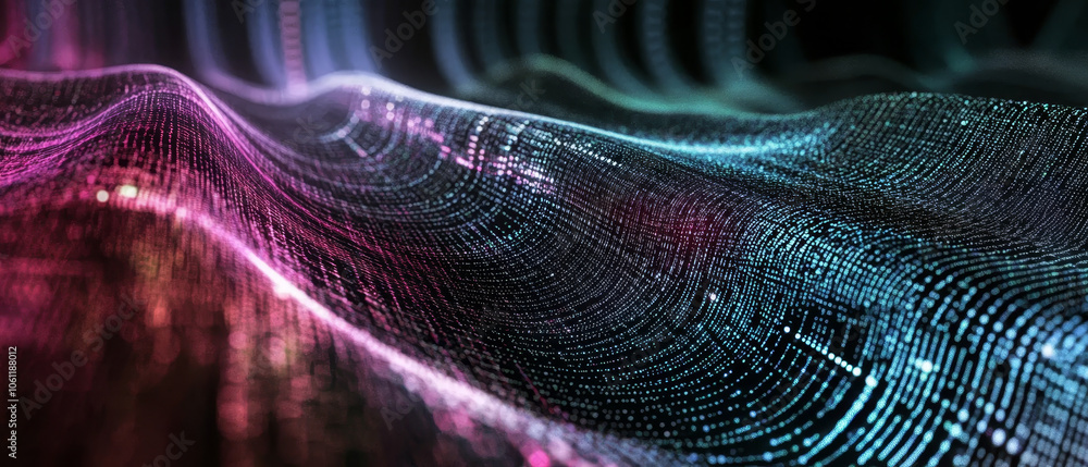 Poster abstract digital waves representing data flow and analysis, showcasing vibrant colors and intricate 