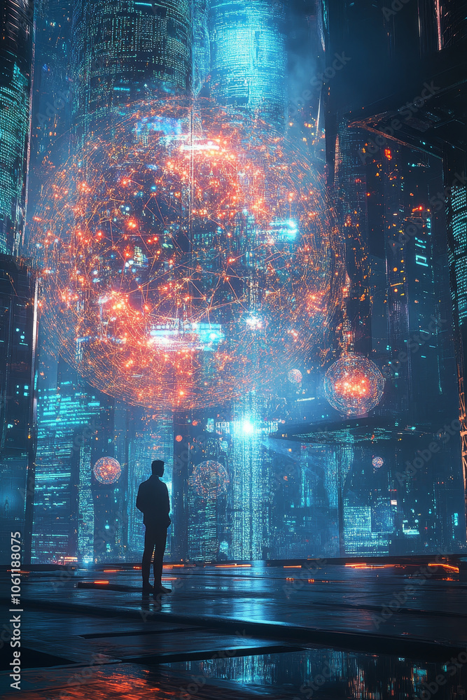 Poster futuristic scene of data visualization and analysis, showcasing person observing glowing network of 