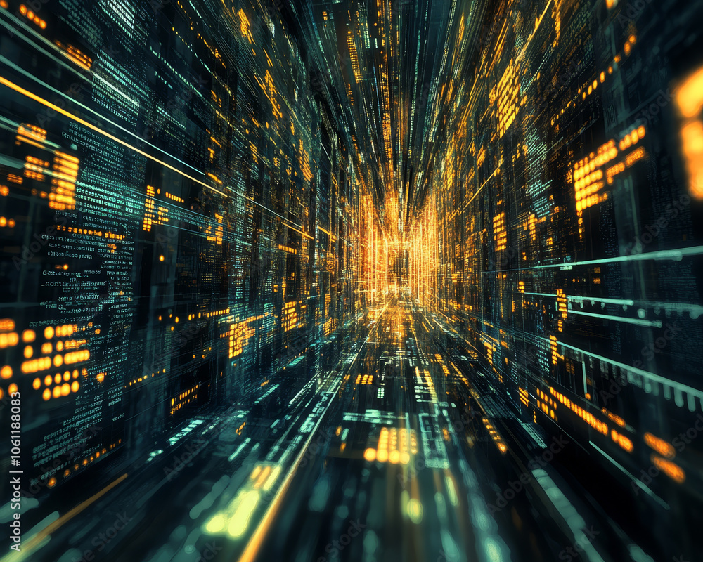 Fototapete modern depiction of data mining processes, showcasing vibrant digital streams and glowing data points, creating sense of depth and movement