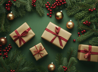 Christmas Flat Lay with Wrapped Gifts, Ornaments, and Candy Cane on Green Background.