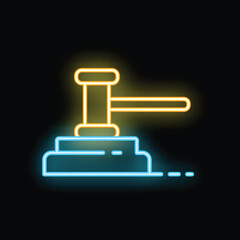 Neon glowing gavel is striking a sound block on a black background