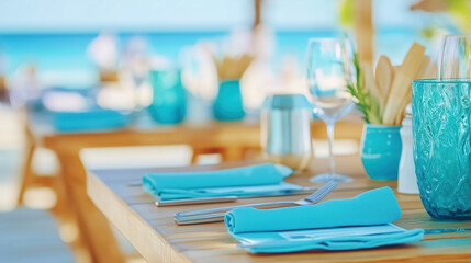 Relaxing Beach Restaurant Scene Showcasing Wooden Tables and Light Cyan D&eacute;cor, Complemented by Menus and Tableware with the Ocean in the Background