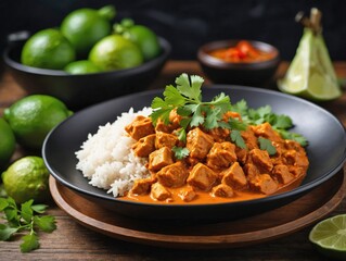 Panang Curry on Black Plate with Rice and Lime Wedge