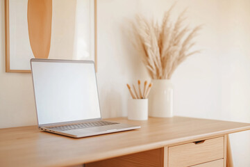 Charming Home Office with Elegant Wooden Furniture and Light Brown Decor, Creating a Cozy Atmosphere for Focused Work Sessions