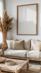 a large wooden frame mockup on the wall of an empty living room, simple and minimalistic interior design with white walls, sofa made out of light wood, soft cushions in beige tones, natural lighting