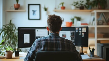 Fototapeta premium Man Working Intently at His Desk in a Cozy Home Office