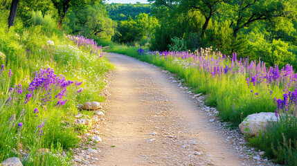 Obraz premium Scenic Nature Trail Surrounded by Lush Green Trees and Vibrant Lavender Wildflowers with Saddle Brown Pathways in a Triadic Color Palette