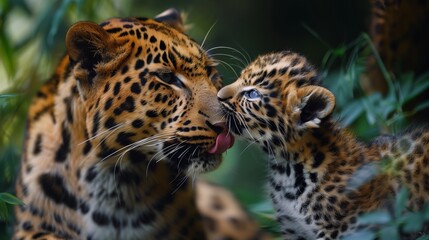 Obraz premium Amur leopard cub licking its mother, close-up of the tongue touching her cheek