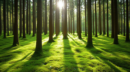 Obraz premium Idyllic Scene of a Dense Pine Forest Bathed in Soft Sunlight, Rich Green Moss Blanketing the Ground and Tree Trunks, Evoking Calmness and Serenity