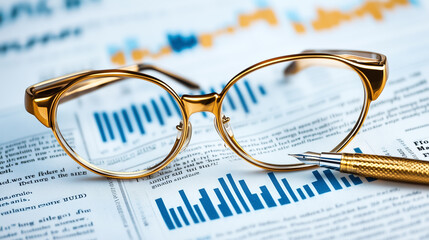 A pen and glasses sit on a financial newspaper, underscoring key data and trends for analysis and insights