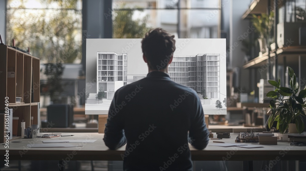 Poster architect designing future blueprints in workspace studio