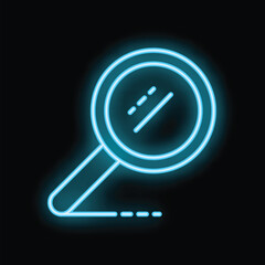 Blue neon magnifying glass glowing on dark background representing concept of search